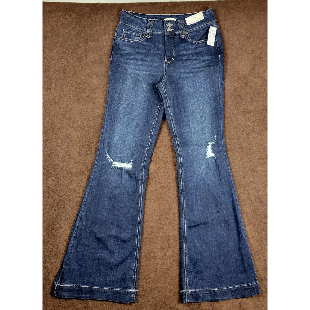 Maurices M Jeans Flare High Rise Super Stretch Distressed Dark Wash Size 6 Reg